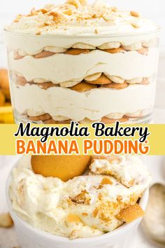 this is an image of a banana pudding in a glass bowl with the title above it