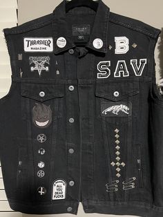 Custom jean jacket Black Jean Jacket Painted, Jean Jacket Punk, Punk Jean Vest, Goth Jean Jacket, Goth Denim Jacket, Battle Jackets, Custom Jean, Custom Jean Jacket, Clothes Embroidery