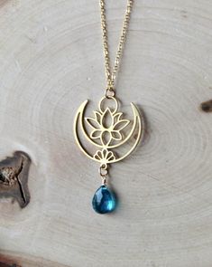 "Lotus Necklace for Women, Lotus Flower Jewelry, Lotus Flower Moon Necklace, Crescent Moon Necklace, Crescent Moon Necklace, Gift for Her Absolutely gorgeous! Our Brass Lotus Crescent Moon gives all the magical, Boho vibes! Our faceted Teal Quartz gem dangles below. 16\" or 18\" 14k Gold Filled chain.  Raw brass will beautifully patina over time, to a deeper honey color. :)" Lotus Flower Jewelry, Coin Pearl Earrings, Pinecone Necklace, Lotus Flower Necklace, Flower Moon, Lotus Jewelry, Yoga Necklace, Pretty Jewelry Necklaces, Lotus Necklace