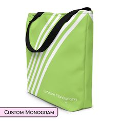 Perfectly imperfect. This durable reusable canvas tote bag is hand sewn with black cotton bull denim handles. Includes a lime green and white, navy or pink five-stripe print.  Available for monogram. Made to order. 100% Polyester 16" x 20" Imported --- How to Order Details 1.  Sign In or Checkout as a Guest. 2. Add to Cart. 3. Mark as a Gift for the option to include a personalized message on the package slip for your recipient. 4. Mark personalization, choose your font and add text for monogram Customizable Green Travel Bags, Customizable Green Bags For Daily Use, Modern Green Rectangular Canvas Bag, Customizable Shoulder Bag, Customizable Tote Shoulder Bag For Shopping, Modern Green Bags For Gifts, Modern Green Bag As Gift, Casual Customizable Shopping Bag, Trendy Customizable Bag For Everyday Use