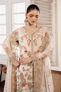 Brand: Serene PremiumProduct Code: S-1081 PerleCollection: Serene Premium Embroidered Muse Luxury Chiffon CollectionFabric: Chiffon DESIGN DETAILS: Embroidered & Hand Embellished Chiffon Front Embroidered Organza Front Open Border Embroidered Chiffon Back Embroidered Organza Front Back Border Embroidered Chiffon Sleeves Embroidered Organza Sleeves Border Embroidered Chiffon Dupatta Dyed Raw-silk Trousers DISCLAIMER:* Lining, Laces, and Tassels are not included in unstitched variants.* Embellishment items in stitched outfits are subject to market availability.* The actual colors of the outfit may vary from the colors being displayed on your device. CARE INSTRUCTIONS: Extra Fabric Has Been Used For Shoot Original Color May Vary Slightly From The Picture Dry Clean Recommended Iron The Clothes Batik Print Dress, Lehenga Jewellery, Saree Sale, Indian Anarkali, Chiffon Sleeves, Organza Sleeves, Unstitched Dress Material, Pakistani Salwar, Lehenga Style