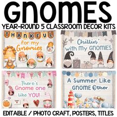 four classroom decor kits for gnomes and other children's crafts, including posters