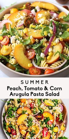 two pictures with different types of salads in them, one is peach tomato and the other has corn