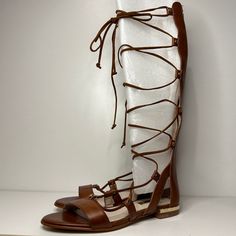 Brand New Louise Et Cie Brown Leather Gladiator Open Toed Sandal That Has A Golden Zipper That Rides Up The Leg. Straps That Tie In The Front In Gladiator Style. Shoe Box Not Included. Brown Leather Gold Zipper Gladiator Flat Fun. Spring Brown Leather Lace-up Sandals, Brown Leather Ankle Strap Lace-up Sandals, Brown Leather Lace-up Sandals With Leather Sole, Elegant Leather Lace-up Flat Sandals, Spring Leather Lace-up Sandals With Removable Insole, Flat Leather Lace-up Sandals, Elegant Lace-up Brown Sandals, Elegant Brown Lace-up Sandals With Round Toe, Gladiator Flats