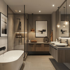 a large bathroom with two sinks and a bathtub