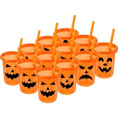 orange plastic cups with pumpkin faces and jack - o'- lantern faces on them