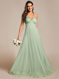 Empire Waist Spaghetti Sratp V-Neck Backless Tulle Bridesmaid Dress #color_Mint Green Green Bridesmaid Dress, Mint Green Bridesmaid Dresses, Tulle Bridesmaid, Sleeveless Bridesmaid Dresses, Dress With Pleats, Tulle Bridesmaid Dress, Ruffle Design, Green Bridesmaid, Ever Pretty