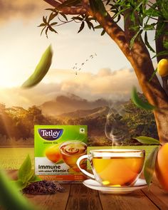 a cup of tea sitting on top of a wooden table next to an orange tree