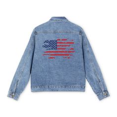 Show your love for this country with this American flag jean jacket! This classic denim jacket for men features a lapel collar and button-front closure for a timeless look. With convenient front slant pockets, it's as functional as it is fashionable. Sporting a medium denim wash, it pairs effortlessly with any outfit, adding a touch of rugged charm to your wardrobe.  .: 90% cotton, 6% polyester, 3% rayon, 1% spandex (fiber content slightly varies for different sizes) .: Relaxed fit .: Sewn-in la Fall Americana Denim Jacket, Fall Americana Style Denim Jacket, Denim Jacket For Men, Classic Denim Jacket, Jacket For Men, Denim Jacket Men, Lapel Collar, Mens Denim, Denim Wash