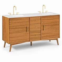 an image of two sinks on top of a wooden cabinet