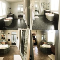 four different pictures of a bathroom with tubs, sinks and shower stall in it