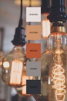 several light bulbs with different shades of orange and brown on them, hanging from the ceiling