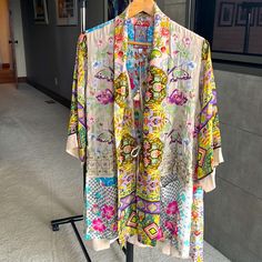 Johnny Was Silk Kimono, Nwt Long Sleeve Printed Silk Kimono, Spring Silk Outerwear With Kimono Sleeves, Silk Outerwear With Kimono Sleeves For Spring, Bohemian Multicolor Outerwear For Daywear, Multicolor Bohemian Outerwear, Silk Long Sleeve Summer Outerwear, Spring Silk Kimono With Embroidery, Spring Embroidered Silk Kimono, Spring Silk Kimono With Floral Embroidery