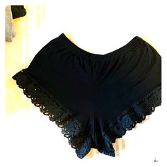 Cute And Comfy Black Shorts With Lace Detail. Perfect For Lounging Around In The House. Never Worn. Label Saids Size 14, But They Feel More Like A Size 16. Waist Is About 16 Inches Across And Crotch Is About 16 Inches Down. Black Summer Shorts For Loungewear, Black Lounge Bottoms With Lace Trim, Black Lace Trim Shorts For Summer, Summer Loungewear Black Bottoms, Black Stretch Shorts With Lace Trim, Black Cotton Bottoms With Lace Trim, Black Short Bottoms With Lace Trim, Black Lace Trim Short Bottoms, Black Bottoms With Lace Trim