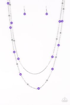 Vivacious purple and dainty silver beads trickle along two shimmery silver chains, creating colorful layers down the chest. Features an adjustable clasp closure. Sold as one individual necklace. Includes one pair of matching earrings. p2wh-prxx-288xx ORDERED 25 MAR 19 Paparazzi Accessories Jewelry, Purple Beach, Purple Necklace, Silver Chains, Paparazzi Accessories, Colourful Necklace, Paparazzi Jewelry, Blue Necklace, Necklace Earring Set