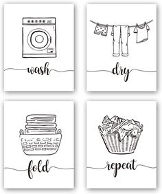 four black and white pictures with laundry symbols