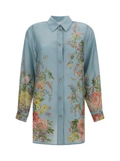 100% Silk Silk Shirt With Floral Print And Spread Collar, Designer Floral Print Shirt For Spring, Silk Top With Floral Print And Spread Collar, Spring Designer Tops With Spread Collar, Designer Tops With Spread Collar For Spring, Luxury Long Sleeve Tops With Floral Print, Luxury Long Sleeve Floral Print Tops, Designer Button-up Tops For Spring, Luxury Silk Shirt With Floral Print