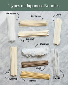 different types of japanese noodles on a white marble counter top with text overlay that reads, types of japanese noodles