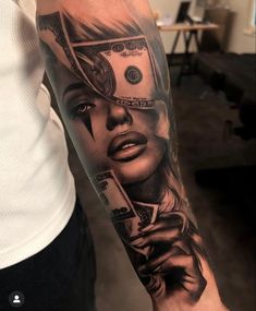 a person with a tattoo on their arm that has money coming out of her face