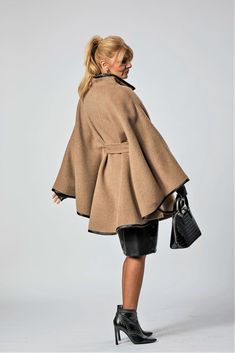 Beige Alpaca Wool Belted Cape Poncho Coat Brown Leather Luxury Cape For Fall, Chic Brown Cape For Fall, Luxury Brown Evening Outerwear, Belted Cape Coat, Women Cape, Style Theory, Belted Cape, Poncho Coat Cape, Brown Leather Top