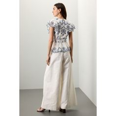 White and Blue Embroidery (100% Cotton). Tops. V-neck. Cap sleeve. Pull on. 25.5" from shoulder to hemline. Imported. Peplum Sets With Embroidered Details For Wedding, Embroidered Peplum Dresses For Festivals, Designer Peplum Sets With Floral Embroidery, Embroidered Georgette Peplum Dress, Elegant V-neck Summer Peplum Top, Blue Embroidery, Prabal Gurung, Rent The Runway, Closet Designs