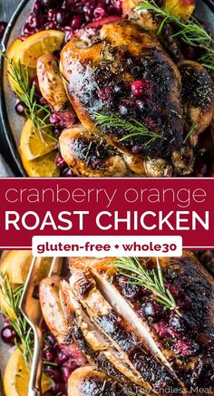 cranberry orange roast chicken on a platter