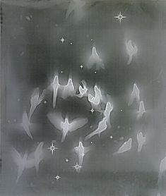 black and white photograph of birds flying in the sky with stars on it's side