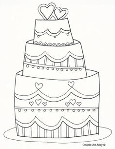 a three tiered cake with hearts on top is outlined in black and white ink