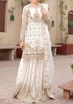 Elegant Off White Palazzo Set For Festive Season, Off White Elegant Palazzo Set For Festive Season, Festive Off White Elegant Palazzo Set, Elegant Off White Festive Palazzo Set, Semi-stitched Off White Dress For Designer Wear, Off White Georgette Anarkali Dress, Off White Semi-stitched Anarkali Dress, Off White Georgette Dress With Dupatta, Elegant Off White Palazzo Set