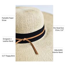 Close up of natural floppy straw hat with black grosgrain ribbon and thin brown leather band. Adjustable Wide Brim Boater Hat For Sunbathing, Summer Hat Bands With Uv Protection For Vacation, Chic Natural Color Hat Bands For Beach, Adjustable Straw Boater Hat For Travel, Summer Vacation Hat Bands In Paper Straw, Chic Hat Bands With Flat Brim For Beach, Chic Toquilla Straw Hat Bands For Beach, Summer Vacation Hat Bands With Paper Straw, Adjustable Boater Hat For Vacation Travel