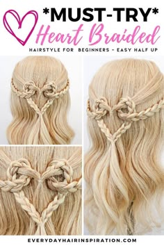 Hairstyle For Beginners, Heart Hairstyle, Hair For Beginners, Braided Heart, Half Up Half Down Hairstyle, Kids Style Hair, Down Hairstyle, Girl Hair Dos, Everyday Hair