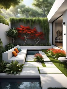 this is a modern garden with trees and plants