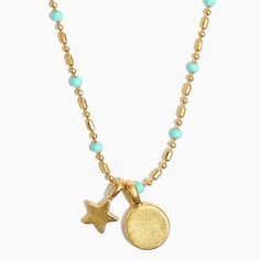 Made Of Gold-Plated Brass, This Chain Necklace Has Colorful Enameled Links And Tiny Circle Coin And Star Charms. - New With Tag - Color: Brushed Gold Pendants, Polished Gold + With Turquoise Blue Color Beaded Chain - Length: 16" With A 3" Extender Chain For Adjustable Length. - Material: Gold-Plated Brass + Enamel - Lobster Clasp Closure. Gold Necklaces With Star Charm And Round Beads, Gold Necklace With Star Charm And Round Beads, Blue Star-shaped Nickel-free Necklace, Madewell Jewelry, Turquoise Blue Color, Gold Pendants, Clothes Jewelry, Chain Pendant, Star Charms