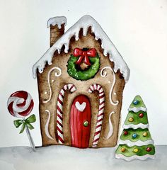 a painting of a gingerbread house with candy canes