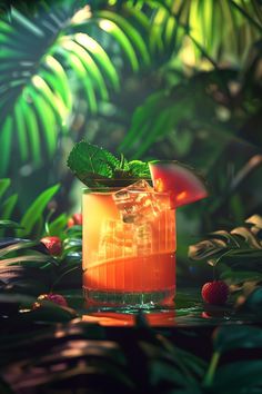 a glass filled with a drink sitting on top of a lush green leaf covered forest