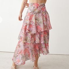 Nwt, Never Worn & Other Stories Ruffled Tier Midi Skirt, Size 6. Sold Out Online In Size 6. Lovely Pink Florals With High Waist. So Flattering. I Missed The Return Window, But This Is Nwt And Never Worn! From & Other Stories Website: Printed Midi Skirt With A Tiered, Ruffled Finish And An Asymmetric Hemline. Zipper Closure At The Side Length Of Skirt: 93cm / 36.6" (Eu 36 / Uk 10 / Us 4) Pink Tiered Bottoms With Layered Hem, Purple Long Skirt For Spring, Spring High-waist Ruffled Maxi Skirt, High Waist Ruffled Maxi Skirt For Spring, Purple Asymmetrical Skirt For Spring, Purple Long Skirt With Ruffles, Pink Layered Hem Bottoms For Summer, Pink Tiered Maxi Skirt For Brunch, Pink Tiered Flowy Maxi Skirt