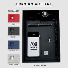 the gift set includes an iphone, notebook and pen in a black box with various colors