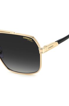 Bold style defines these oversized aviator sunglasses featuring a double bridge, flat lenses and a golden frame. 62mm lens width; 15mm bridge width; 145mm temple length 100% UV protection Adjustable nonslip nose pads Polycarbonate lenses Metal Imported Gold Aviator Shield Sunglasses With Uv Protection, Gold Aviator Sunglasses With Tinted Lenses, Gold Aviator Sunglasses With Anti-reflective Coating, Modern Gold Aviator Sunglasses With Anti-reflective Coating, Gold Anti-reflective Aviator Sunglasses, Modern Gold Aviator Sunglasses With Tinted Lenses, Modern Gold Anti-reflective Aviator Sunglasses, Trendy Gold Aviator Shield Sunglasses, Trendy Gold Aviator Sunglasses