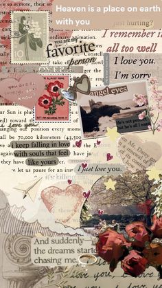 collage with flowers, hearts and words on it that says heaven is a place on earth