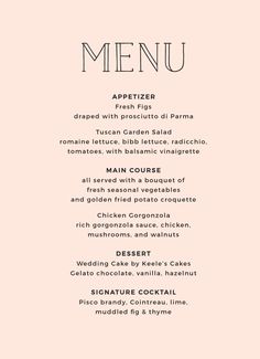 the menu for an italian restaurant is shown in black and white, on a pink background