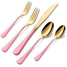 pink and gold utensils are lined up on a white surface with one fork, the other two spoons