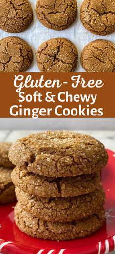 gluten - free soft and chewy ginger cookies on a red plate