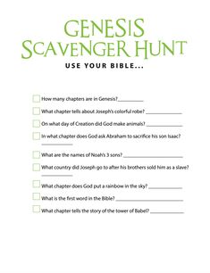 FREE Genesis Bible Scavenger Hunt - Children's Ministry Deals Bible Scavenger Hunt For Kids, Bible Scavenger Hunt, Bible Games For Kids, Childrens Ministry Curriculum, Study Activities, Sunday School Curriculum, Bible Worksheets, Adopted Children, Bible Quiz