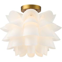 a large white light fixture with a gold rim and frosted glass petals on the bottom