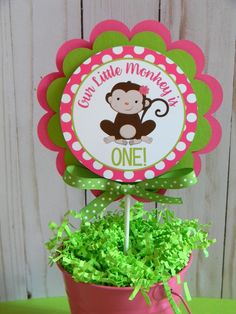 a pink and green potted plant sitting on top of a table next to a sign