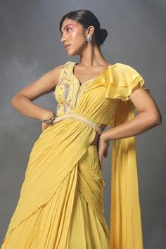 Shop for Isha Gupta Tayal Yellow Silk Pre-stitched Lehenga Saree With Blouse for Women Online at Aza Fashions Isha Gupta, Ruffle Dupatta, Daffodil Yellow, Yellow Lehenga, Stitched Lehenga, Ruffle Saree, Drape Saree, Yellow Silk, Unique Blouse