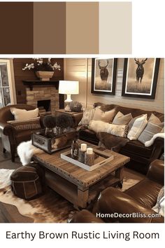 the living room is decorated in brown and white