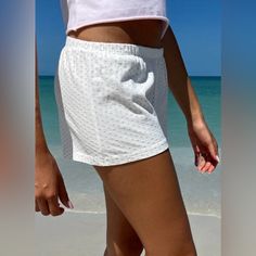 Soft Cotton Sweatshorts With An Elastic Waistband And Heart Pattern. Fabrics: 96% Cotton, 4% Elastane Measurement: 10" (25cm) Rise, 2.5" (6cm) Inseam, 28" (71cm)Waist (Stretches) Made In: Italy White Relaxed Fit Bermuda Shorts, Casual White Pajama Shorts With Elastic Waistband, White Pajama Shorts For Spring Vacation, White Pajama Shorts For Summer Vacation, White Pajama Shorts For Vacation Spring, Loungewear Shorts For Beach Season, Trendy Vacation Pajama Shorts, White Summer Vacation Pajama Shorts, White Cotton Pajama Shorts For Vacation