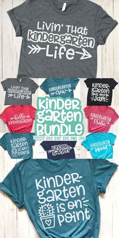 six different shirts that say kinder garden bundle on the front and back, all in different colors