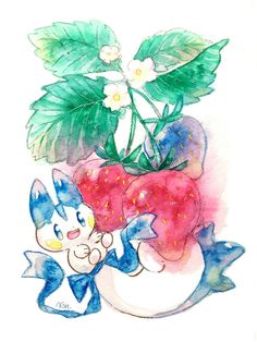 a watercolor painting of a strawberry plant and cat